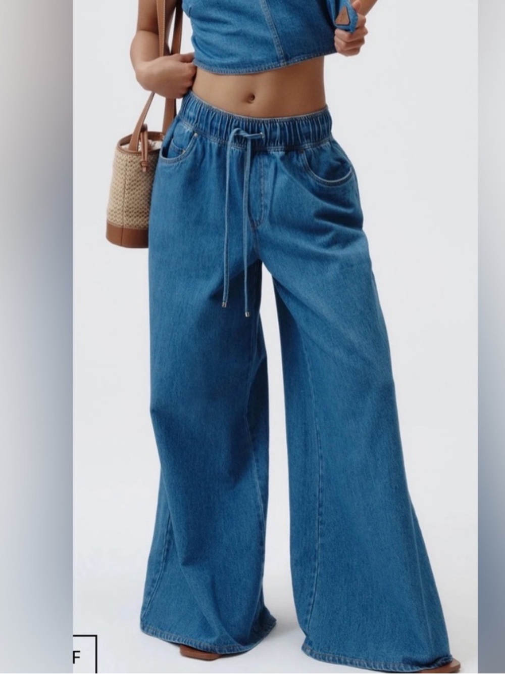 High-Rise Blue Wide-Leg Drawstring Jeans
